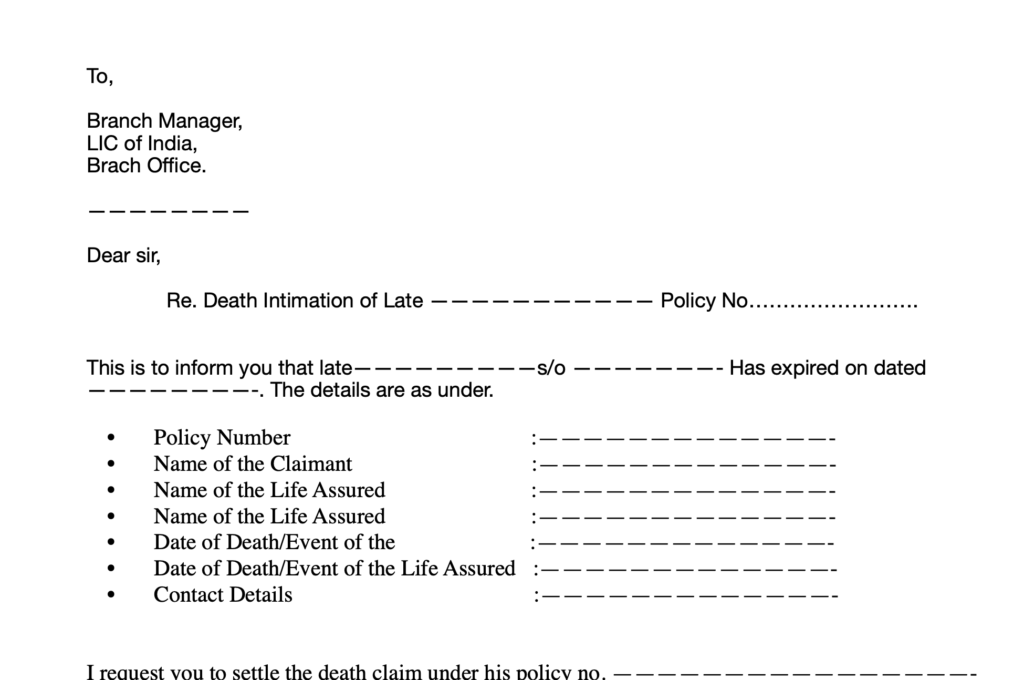 LIC Death Claim Intimation Letter